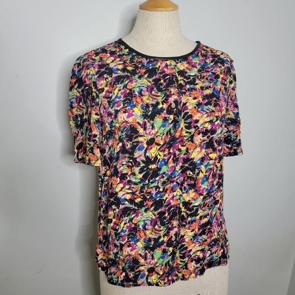 Zara Women Small Short  Hi-Low Sleeve Shirt with Bright Pattern & Button Up Back - Picture 1 of 13